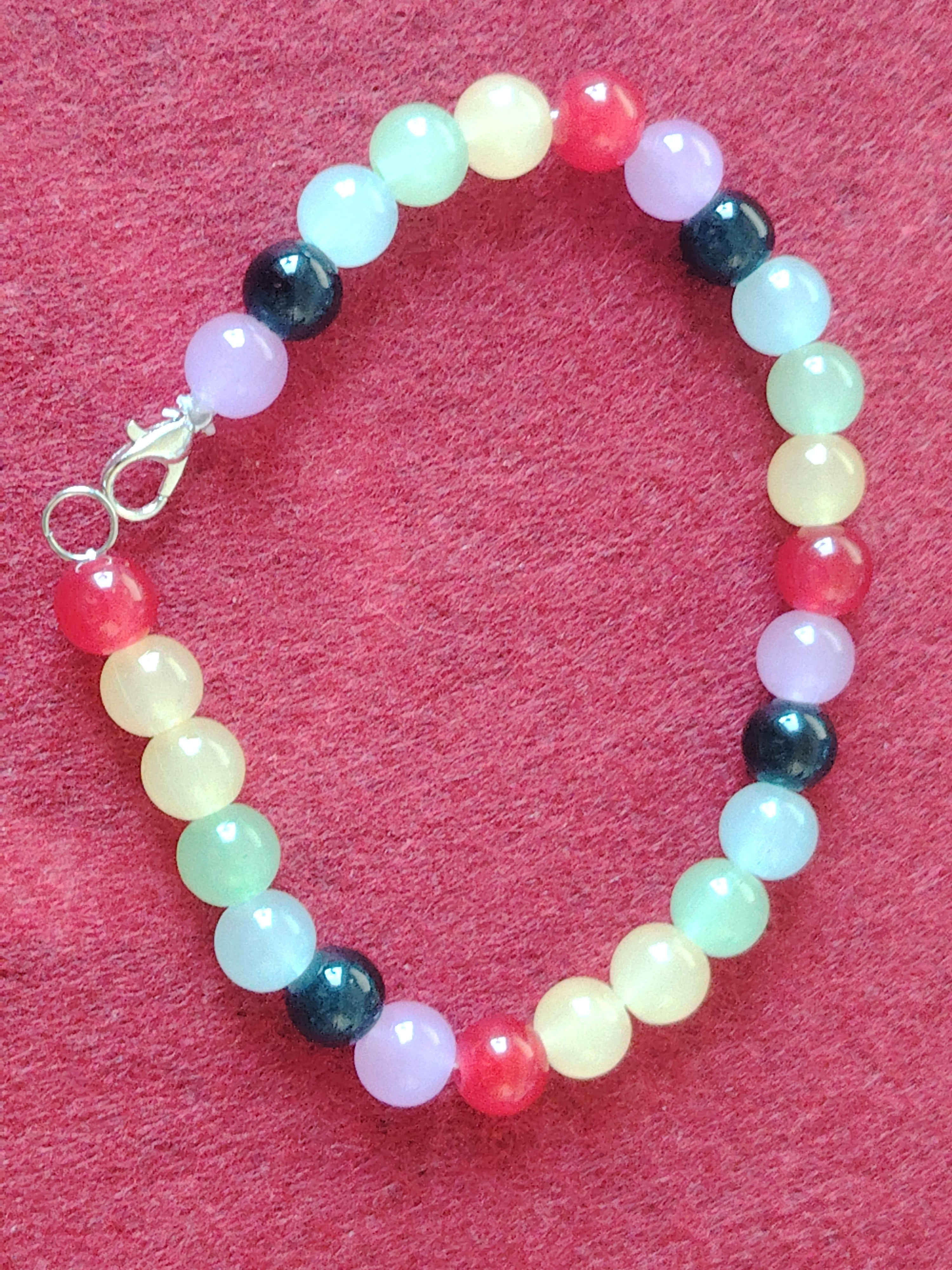 Glaskugeln Armband mit Rot, Hellem Gelb, Hellem Blau, Hellem Lila, Dunkelgrün