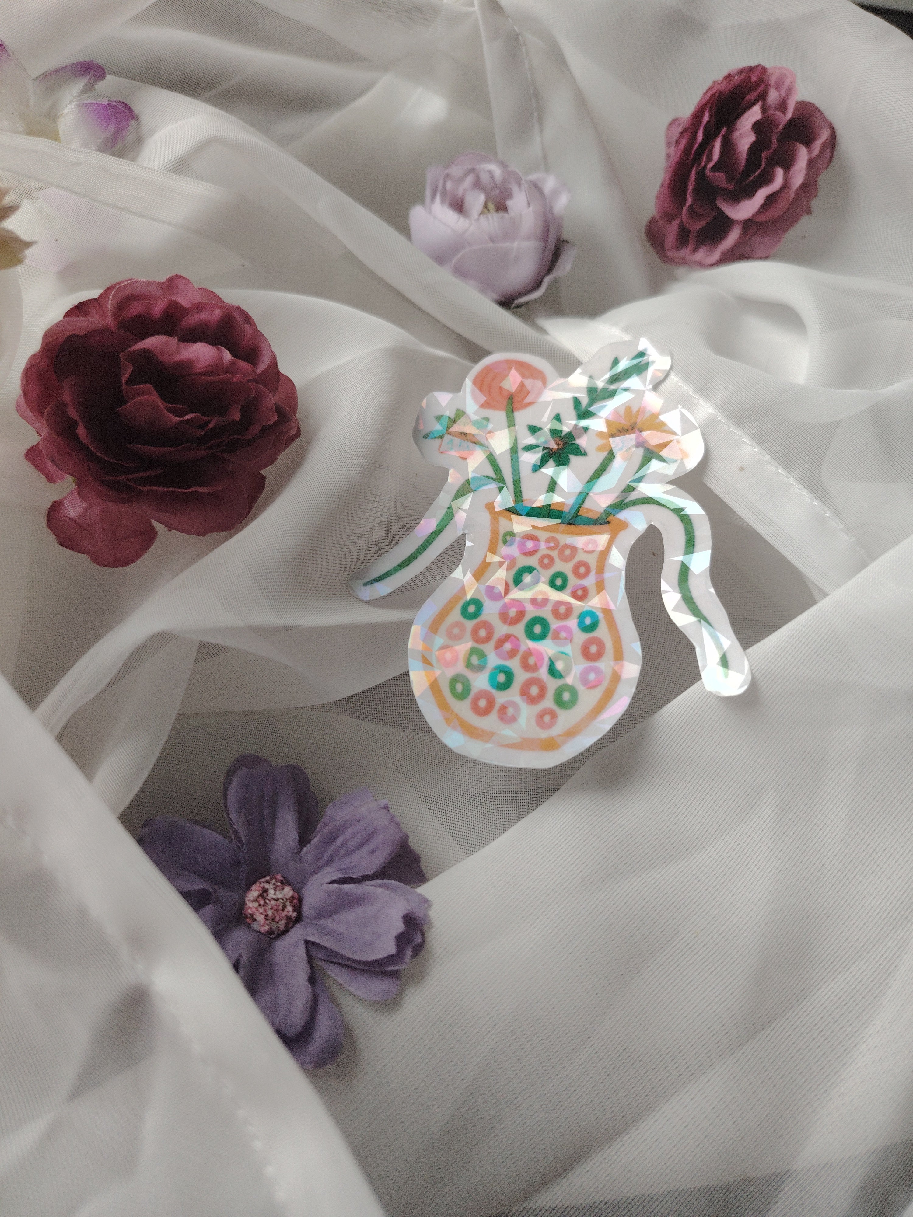 🌷 Blühende Freude – Holografischer Blumenvase-Sticker auf Premium-Papier, handgeschnitten