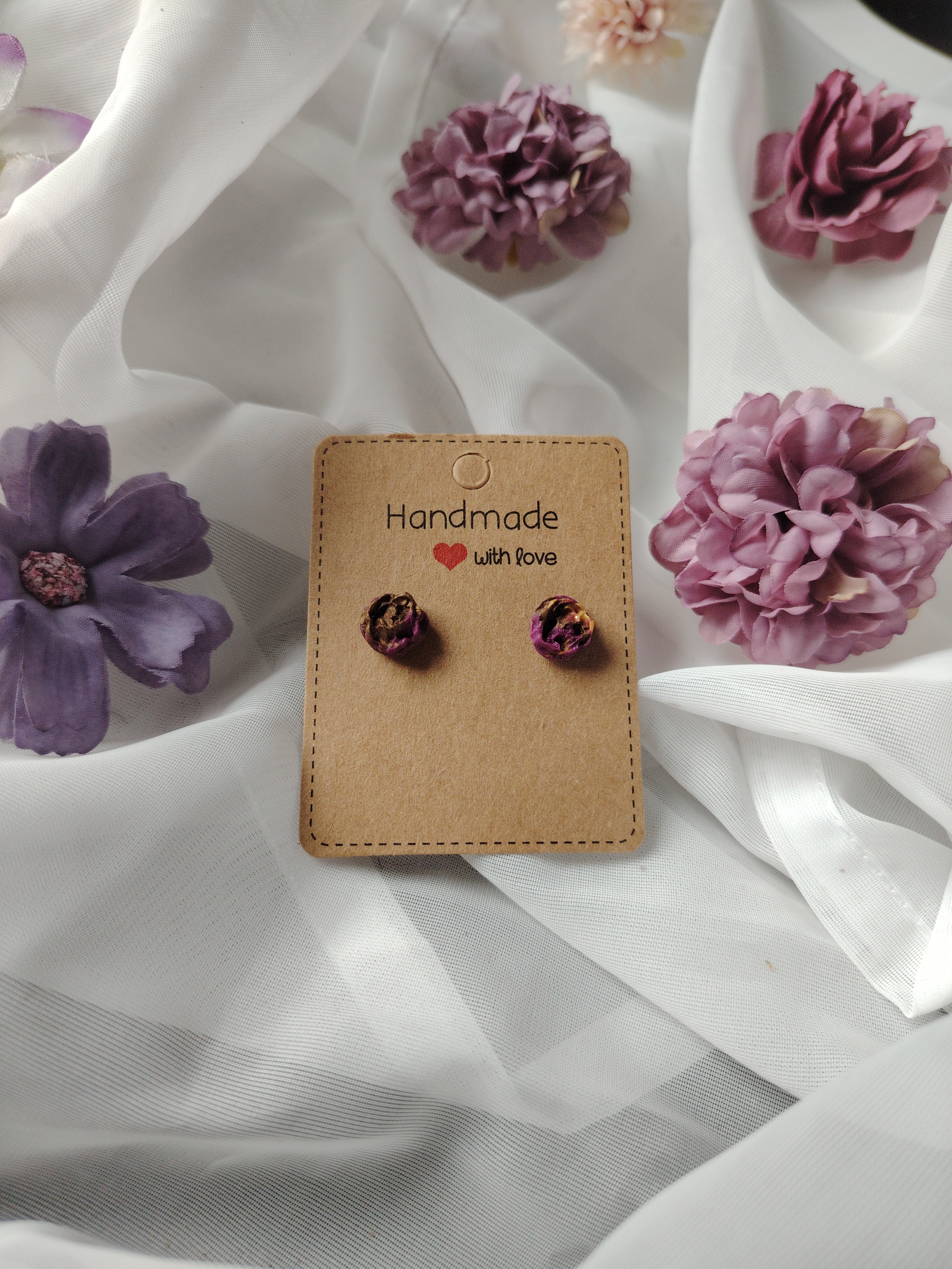 Small purple glitter rose stud earrings