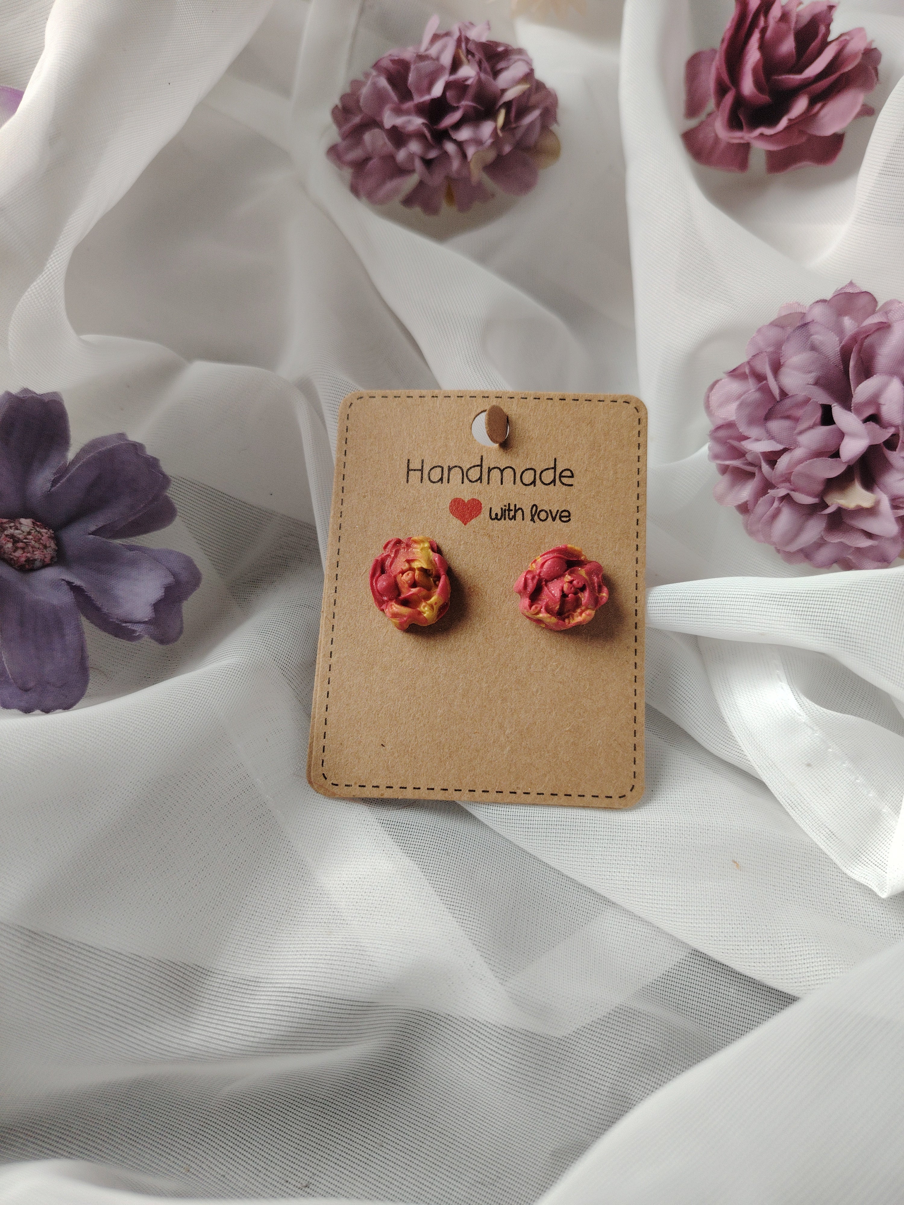 Medium-sized red and gold glitter rose stud earrings