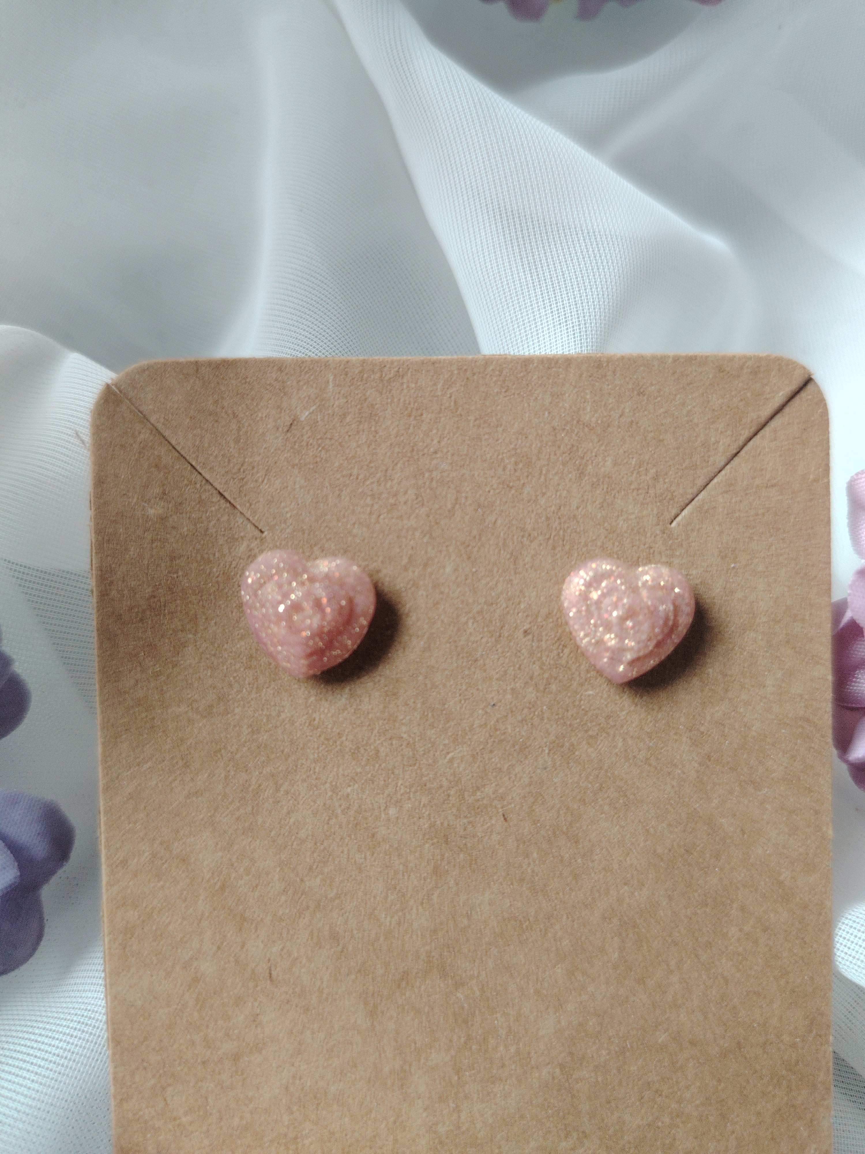 Pink glitter heart stud earrings