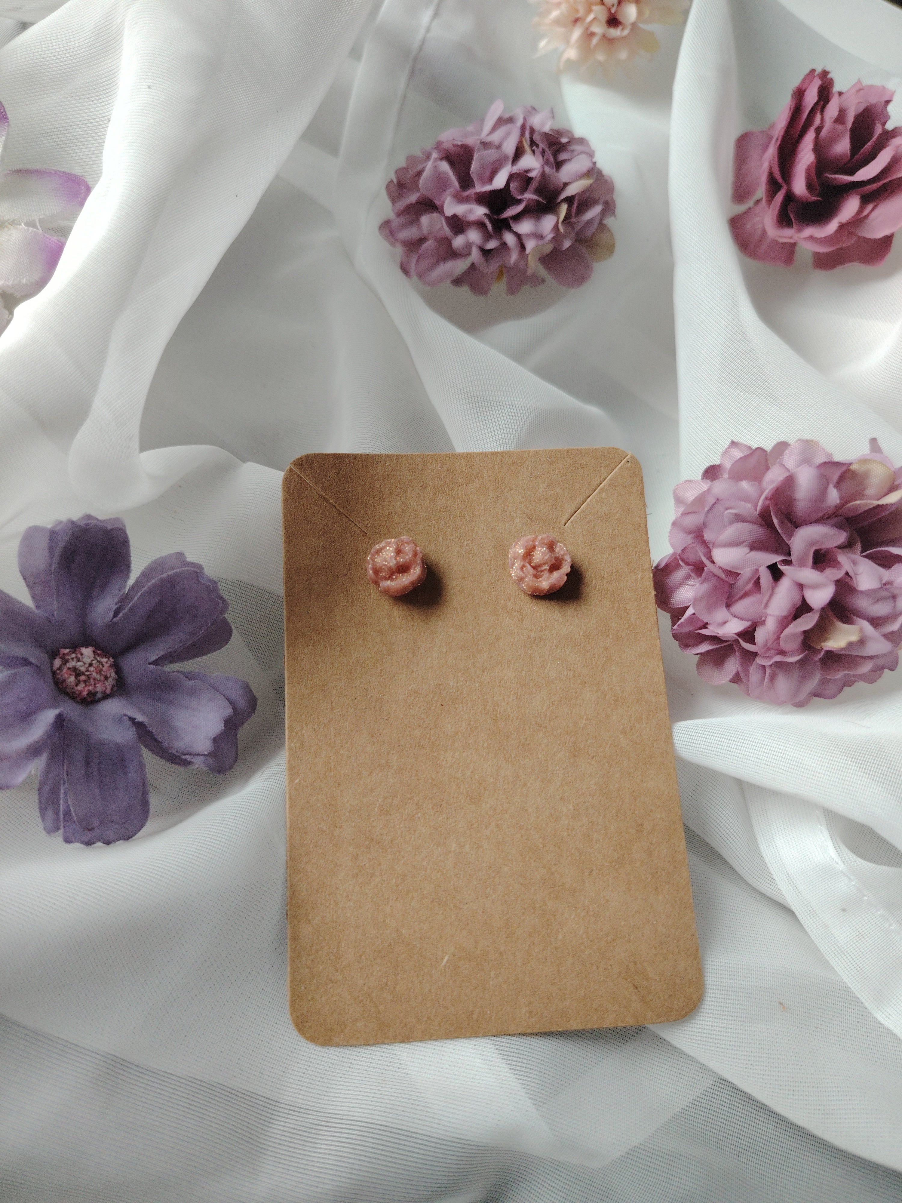 Small pink glitter rose stud earrings