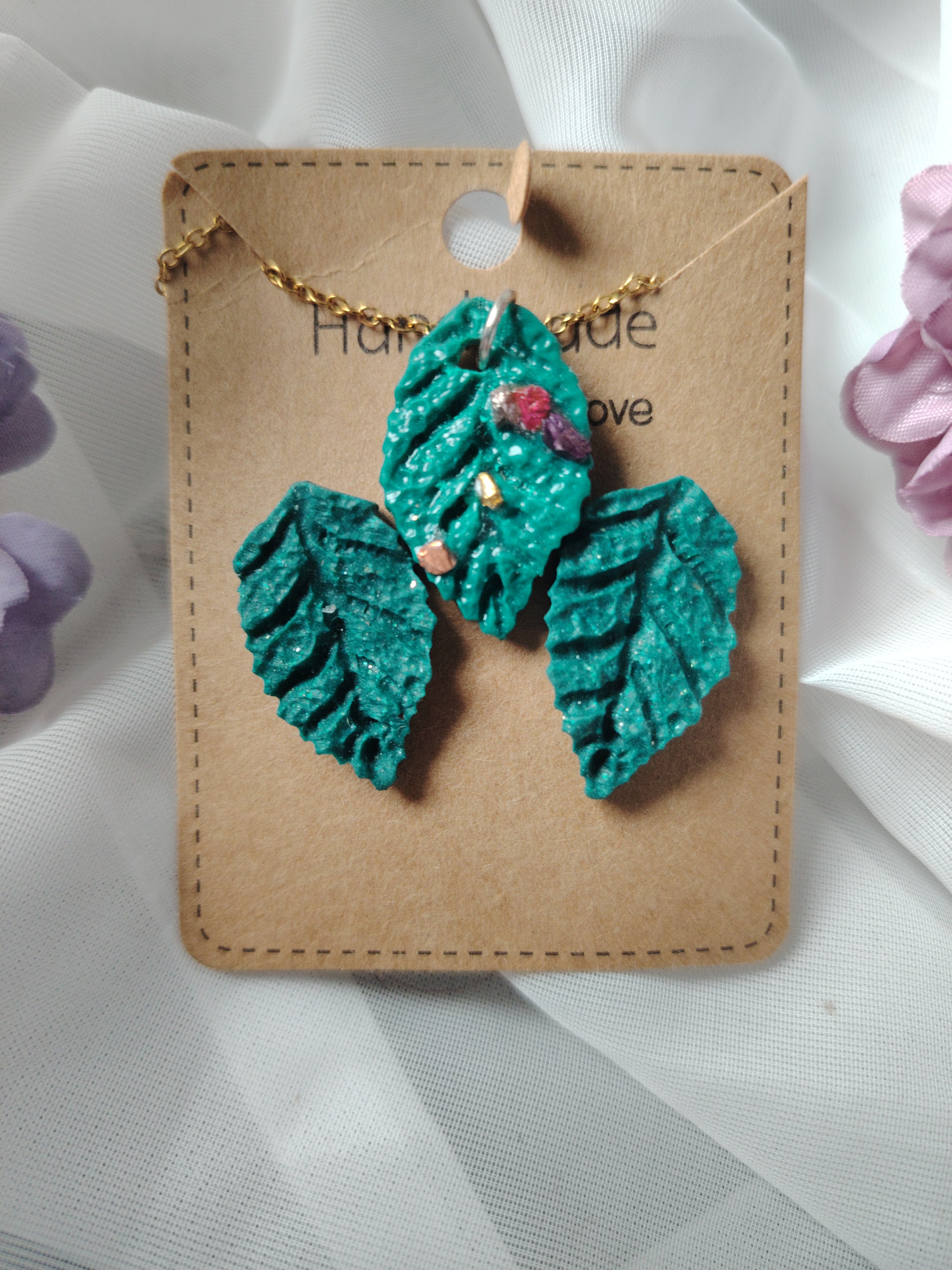 Earring and necklace set in green, necklace with small colorful stones