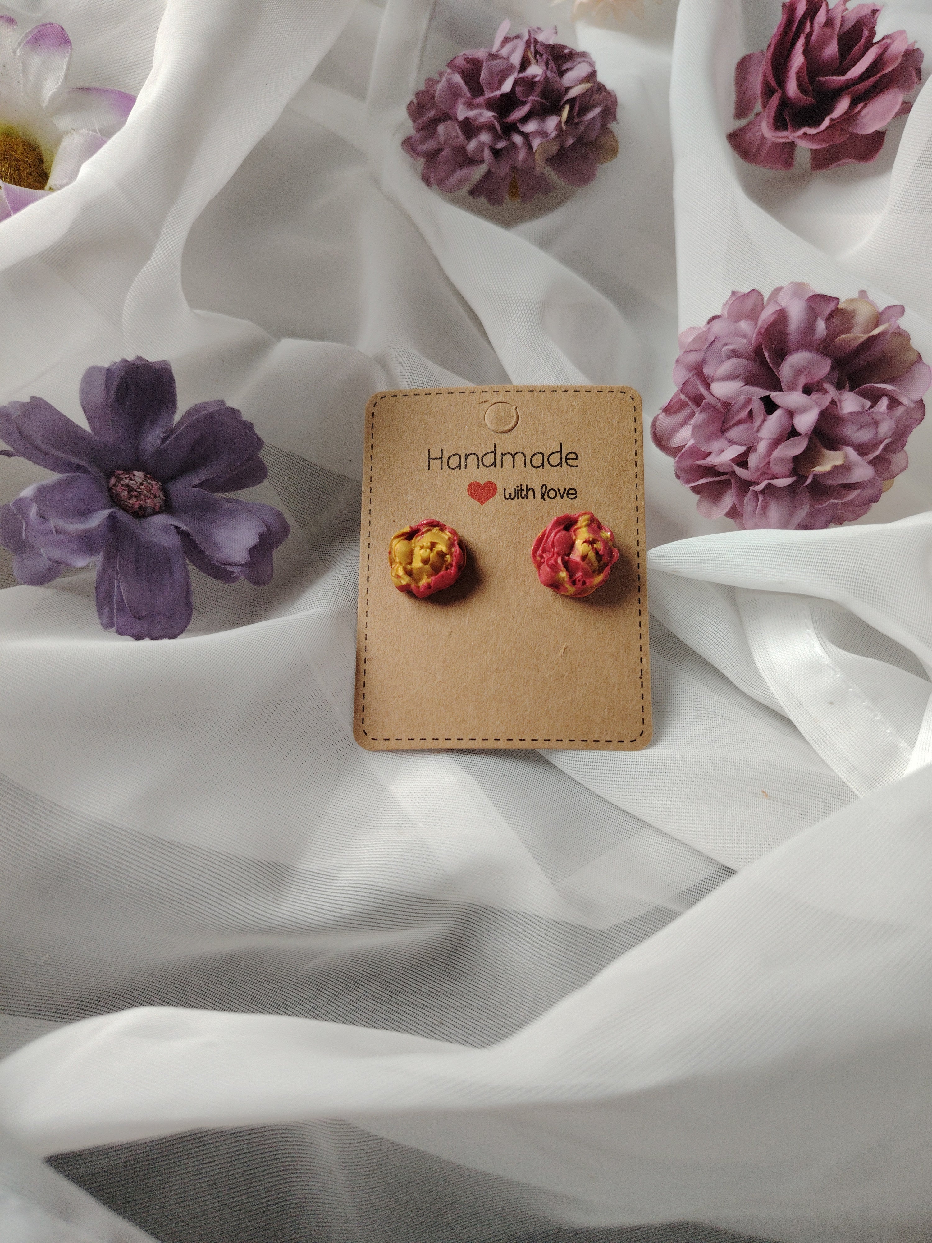 Medium-sized red and gold glitter rose stud earrings