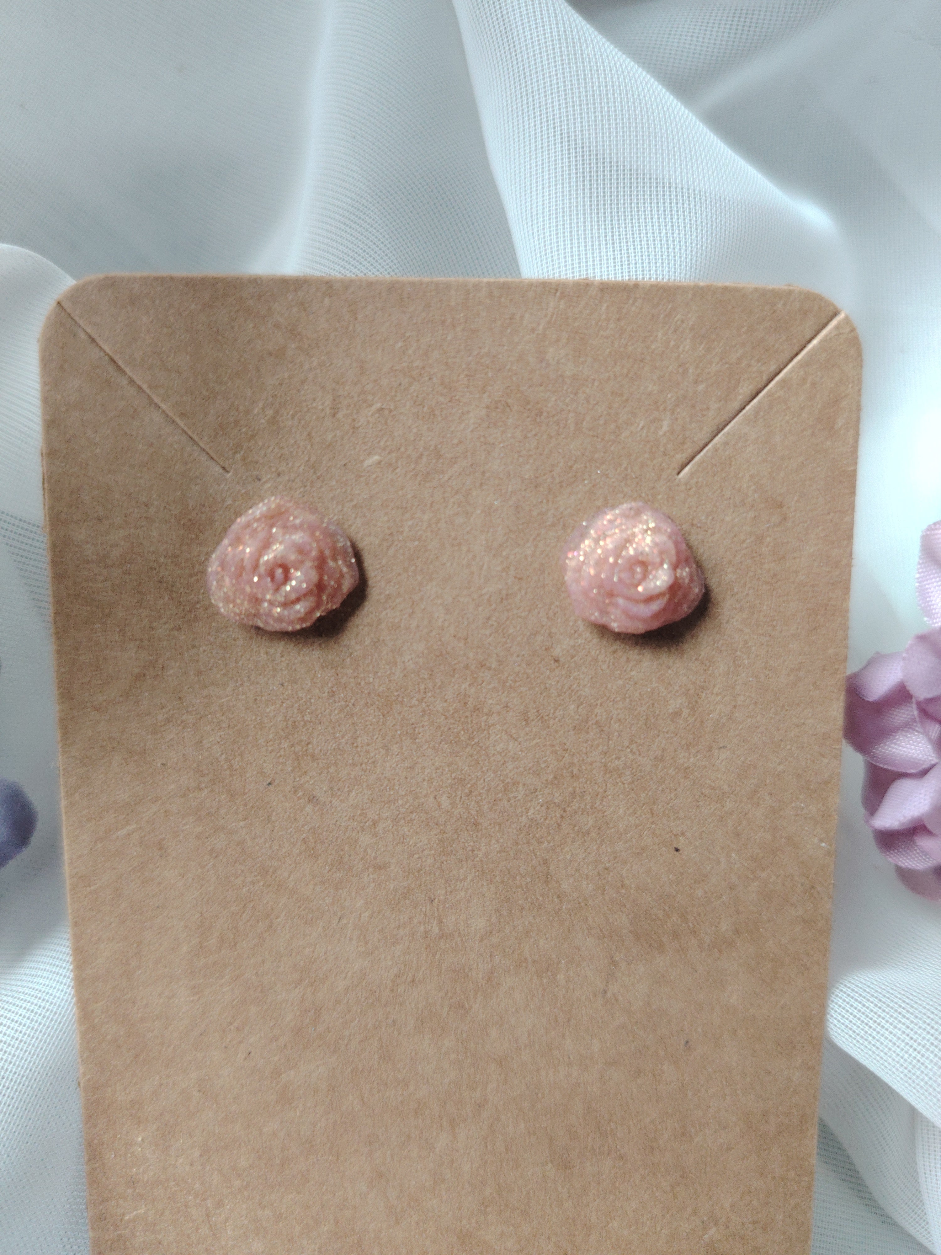 Small pink glitter rose stud earrings