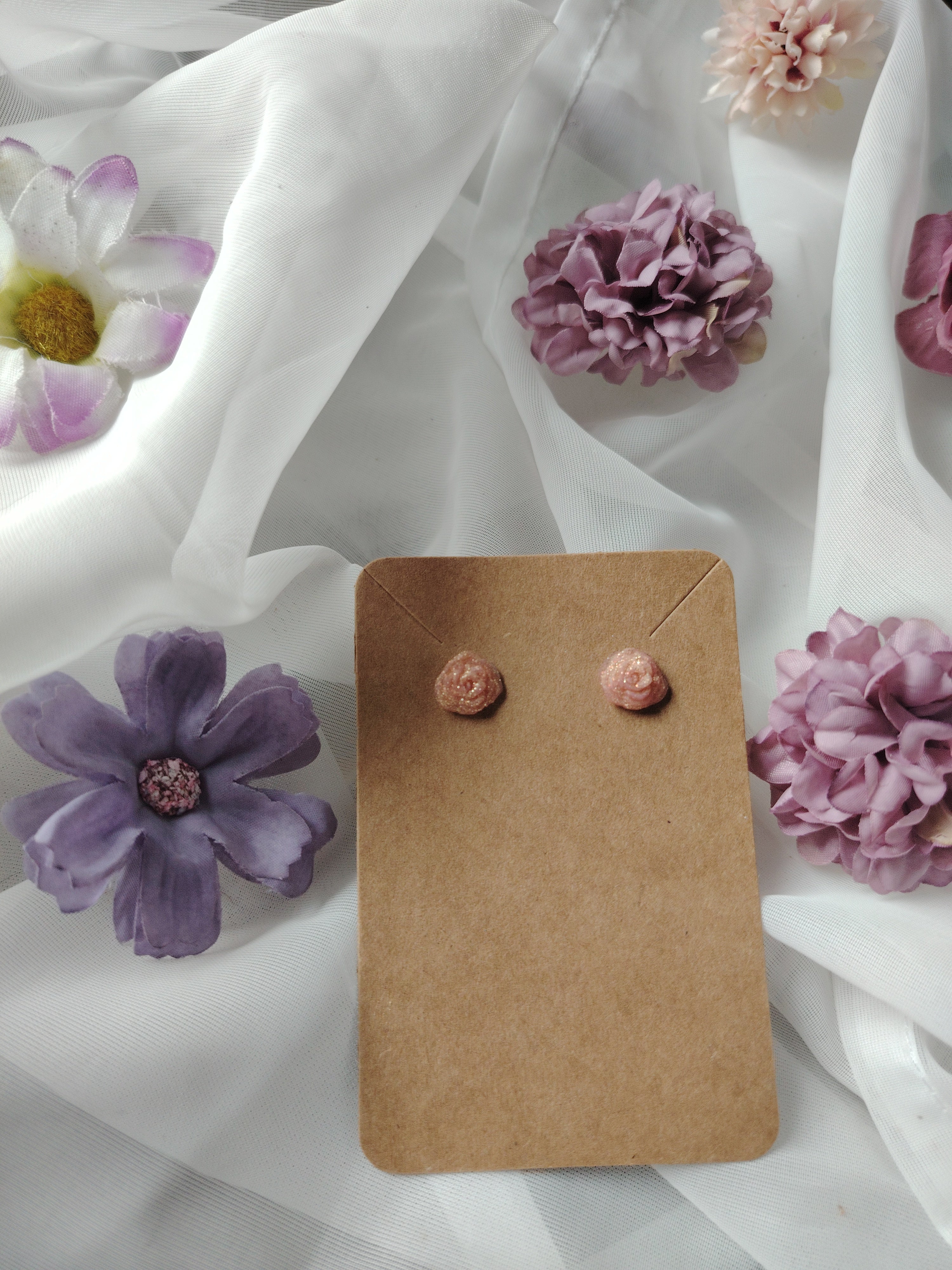 Small pink glitter rose stud earrings
