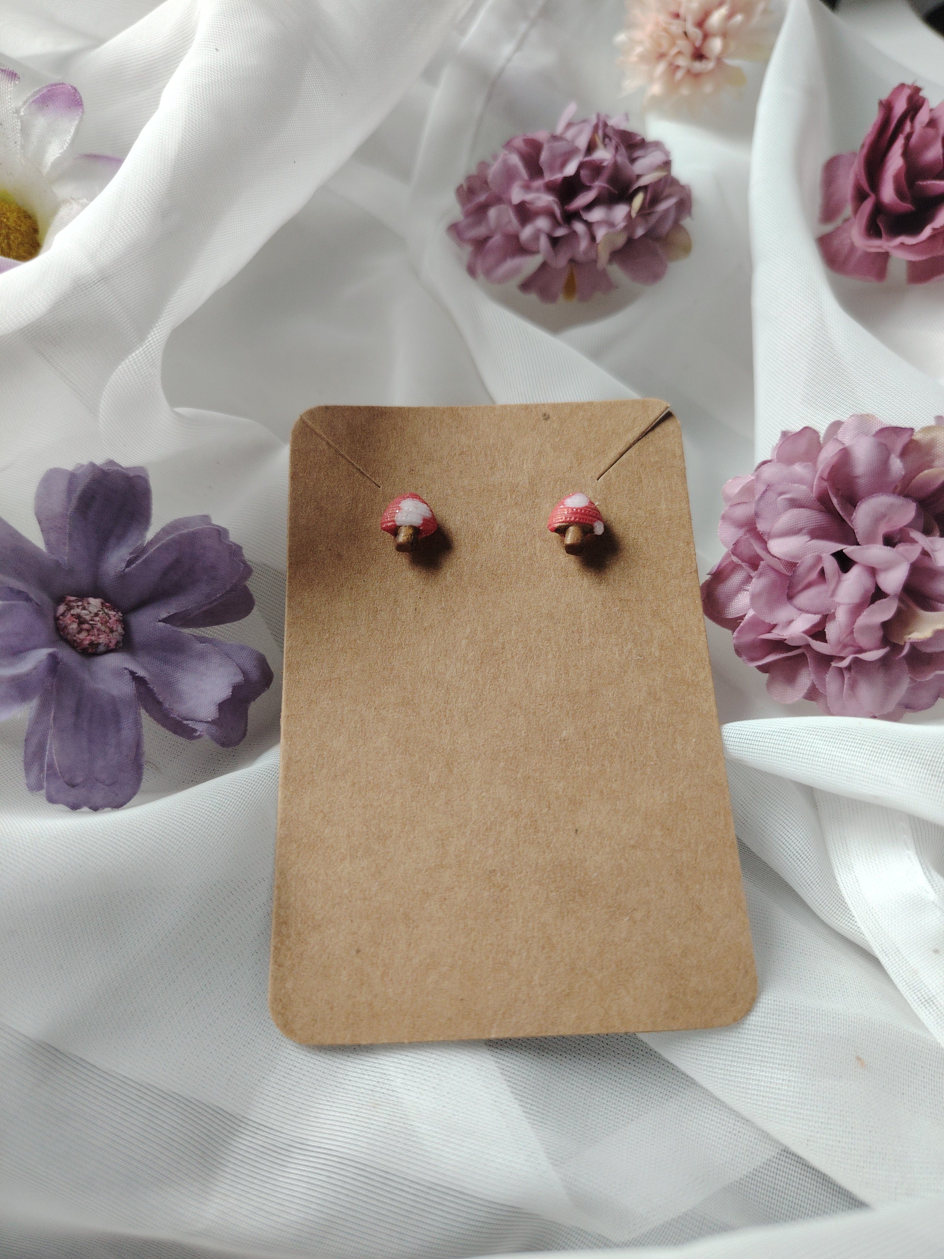 Small fly agaric stud earrings in red, white, brown